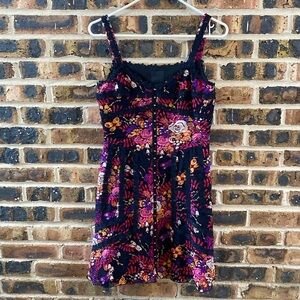 Anna Sui 100% silk floral mini dress, full clasp closures, butterfly trim, W’s 2